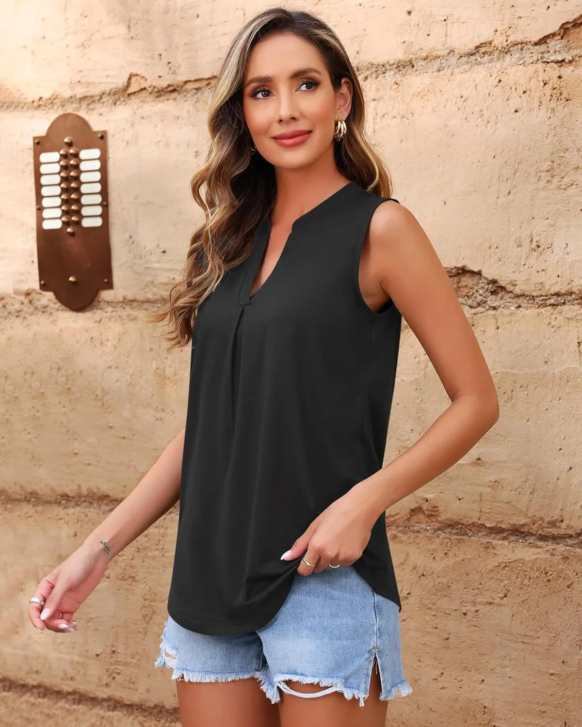 AUSELILY Womens 2025 Summer Tank Tops Causal Ladies V Neck Sleeveless Loose Pleated Shirts Blouse