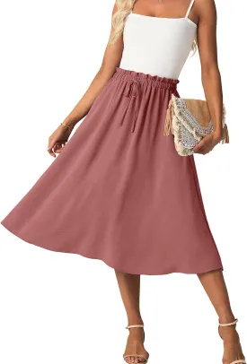 Womens Causal High Waisted Summer Midi Skirts Flowy Palazzo A-Line Long Skirt with Pockets