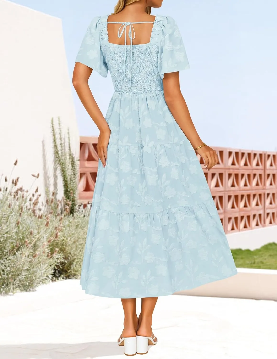 ZESICA Women??s Summer Boho Floral Midi Dress 2025 Casual Short Sleeve Square Neck Flowy Beach Vacation Long Dress