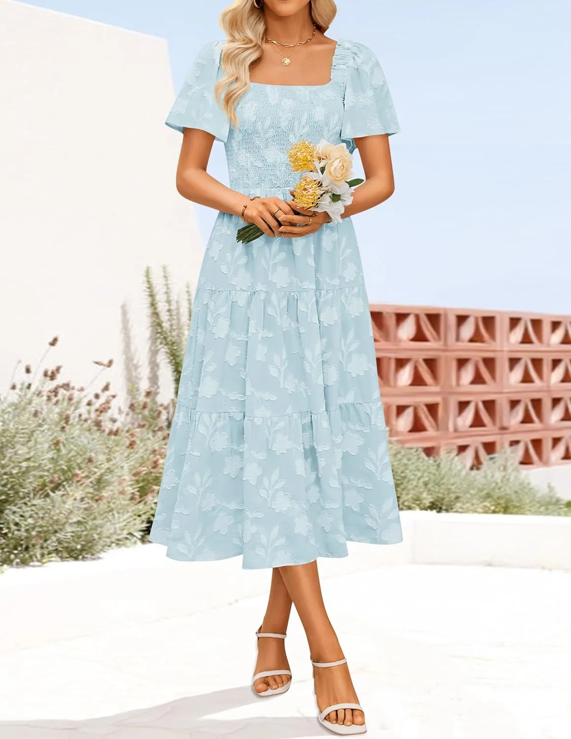 ZESICA Women??s Summer Boho Floral Midi Dress 2025 Casual Short Sleeve Square Neck Flowy Beach Vacation Long Dress