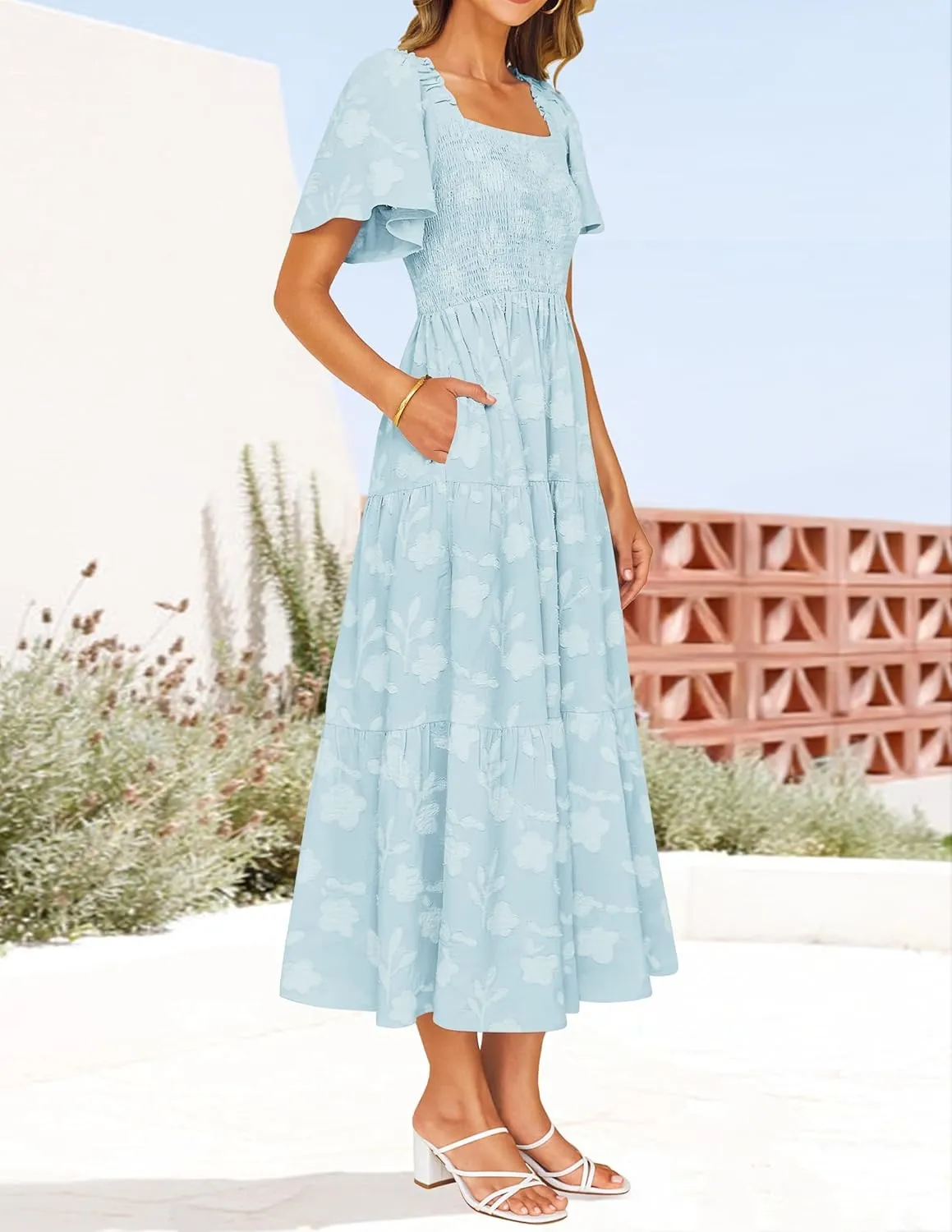 ZESICA Women??s Summer Boho Floral Midi Dress 2025 Casual Short Sleeve Square Neck Flowy Beach Vacation Long Dress