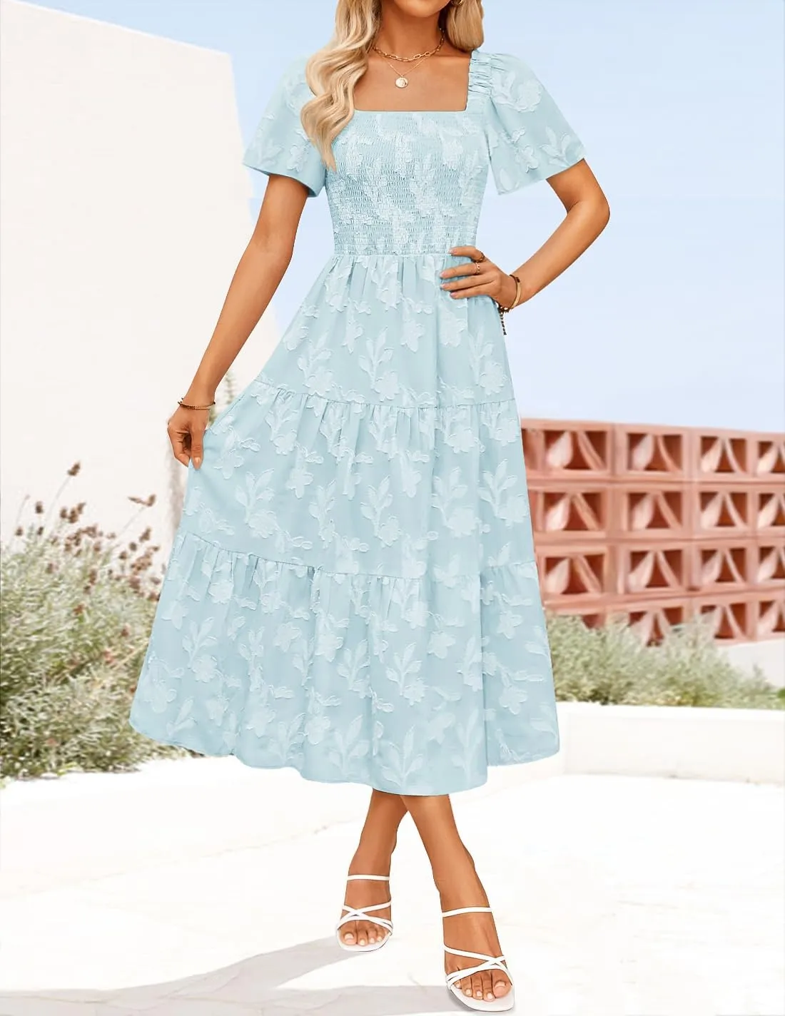 ZESICA Women??s Summer Boho Floral Midi Dress 2025 Casual Short Sleeve Square Neck Flowy Beach Vacation Long Dress