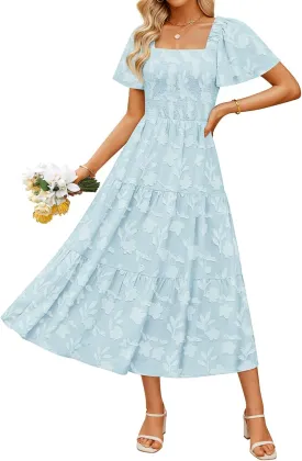 ZESICA Women??s Summer Boho Floral Midi Dress 2025 Casual Short Sleeve Square Neck Flowy Beach Vacation Long Dress